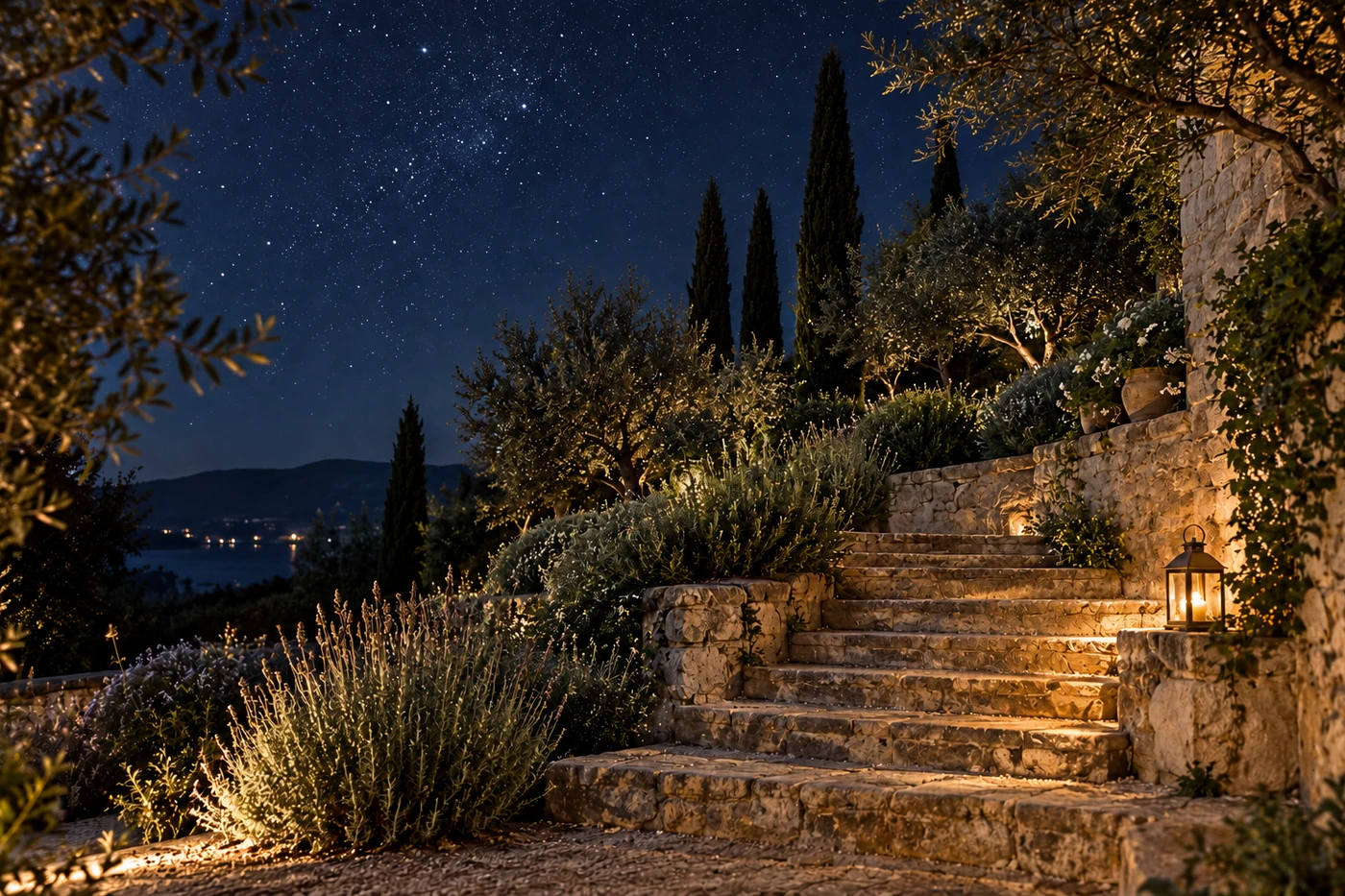 Giardino notturno, cielo stellato e sentiero illuminato